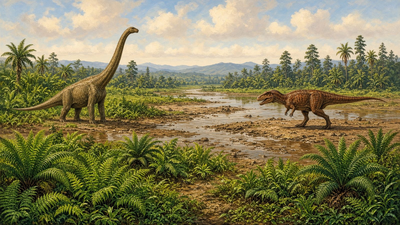 Painted Mesozoic floodplain with a long-necked dinosaur and a large predator among ferns